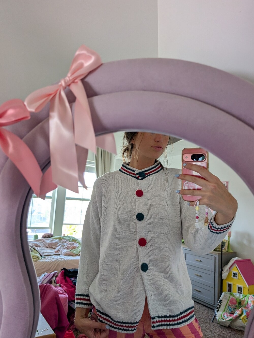 Retro White Knit Button-Up Cardigan with Red & Green Trim Size Medium